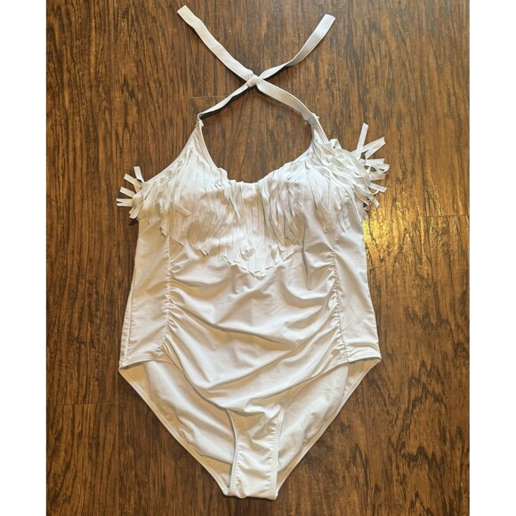 Meet Curve Womens Halter One Piece Swimsuit Fringe Tie Neck Rouching Size 2XL - Picture 1 of 7